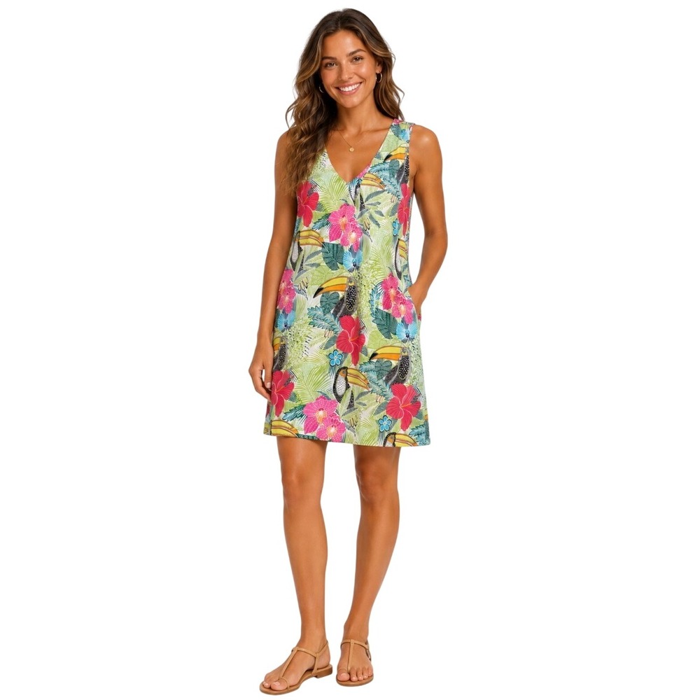 Tommy Bahama Silk Toucan Floral Tropical Shift Dress Small Sleeveless V-Neck